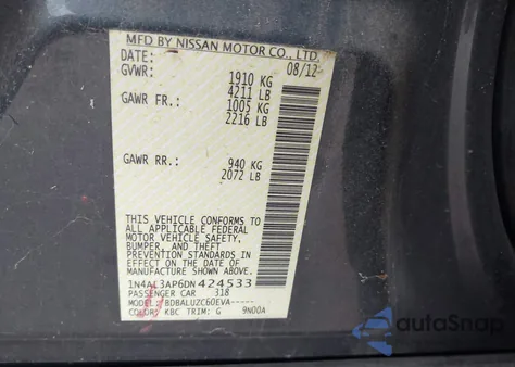 2013 Nissan Altima 2.5 Sv z USA, uszkodzony, nr VIN 1N4AL3AP6DN424533